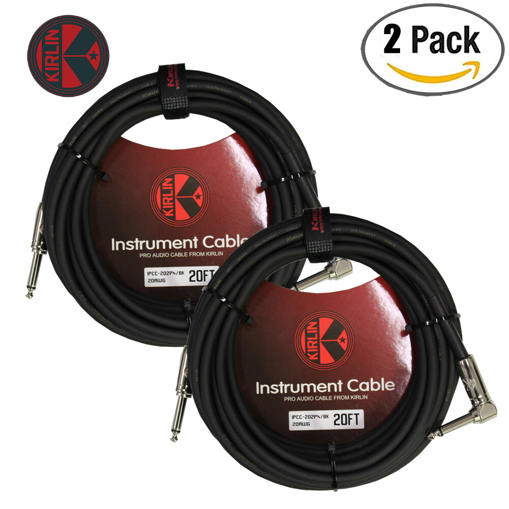 2-PACK Kirlin 20FT 1/4″ Straight-Right Angle 20AWG Instrument Cable Black