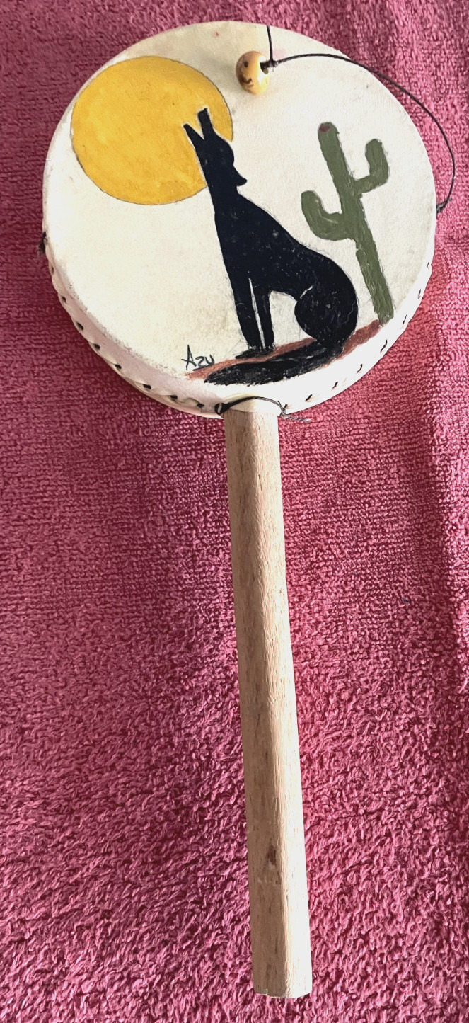 Vintage Southwest Spinning Drum Percussion Wood/Skin Handcrafted Coyote Cactus