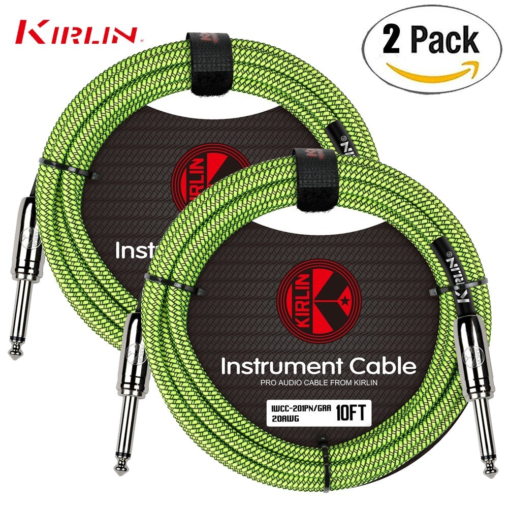2-PACK Kirlin 10FT 1/4″ Straight Woven Green Guitar/Bass Cables with Cable Tie
