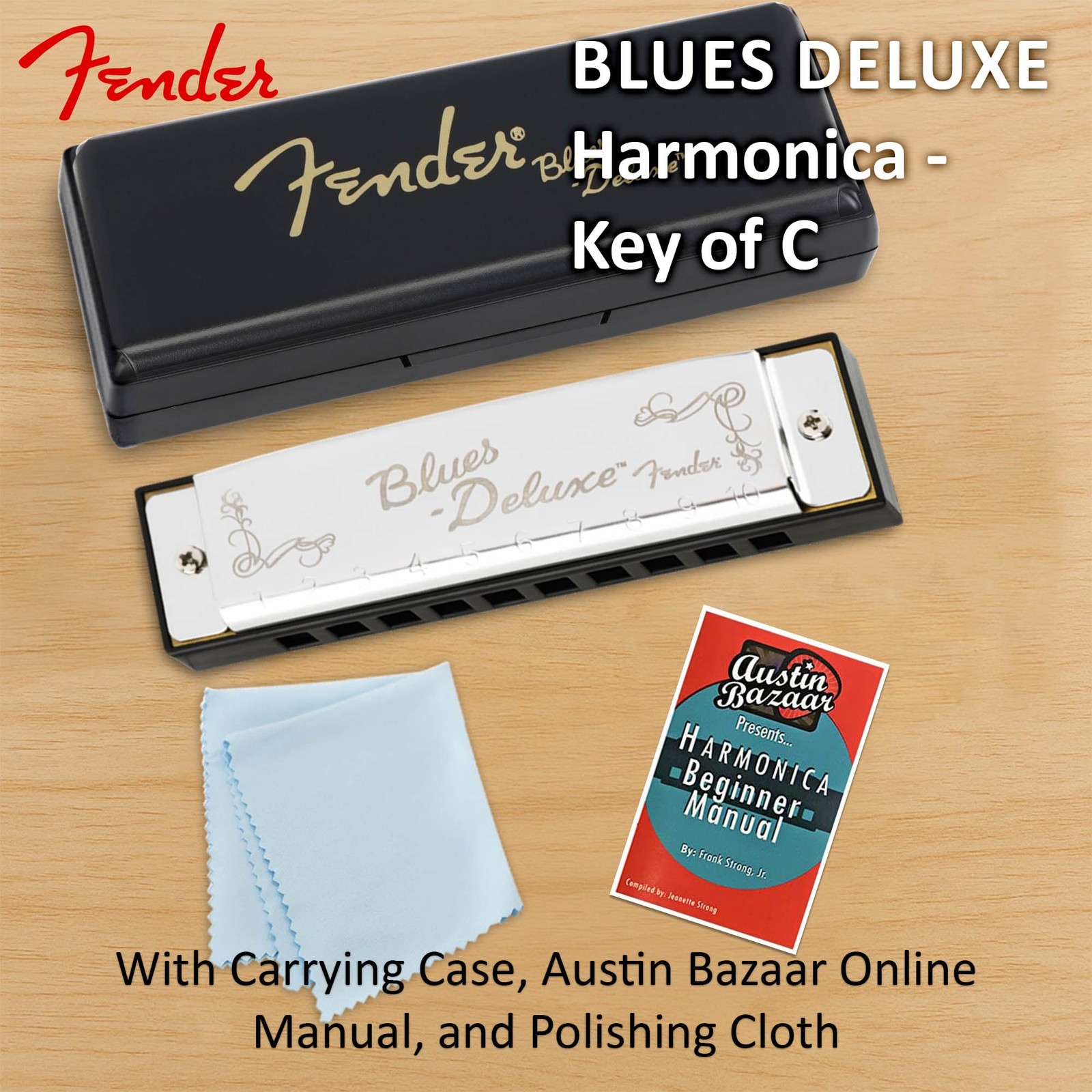 Fender Blues Deluxe Harmonica Key of C Diatonic 10 Hole w/ Case & Polishing Clot
