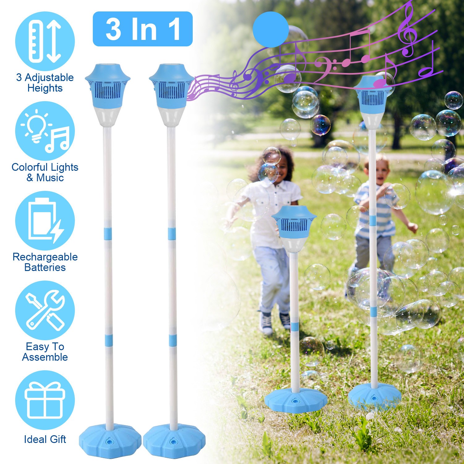 3-In-1 Bubble Torch Garden Lamp Automatic Bubble Maker Stand with Lights & Music