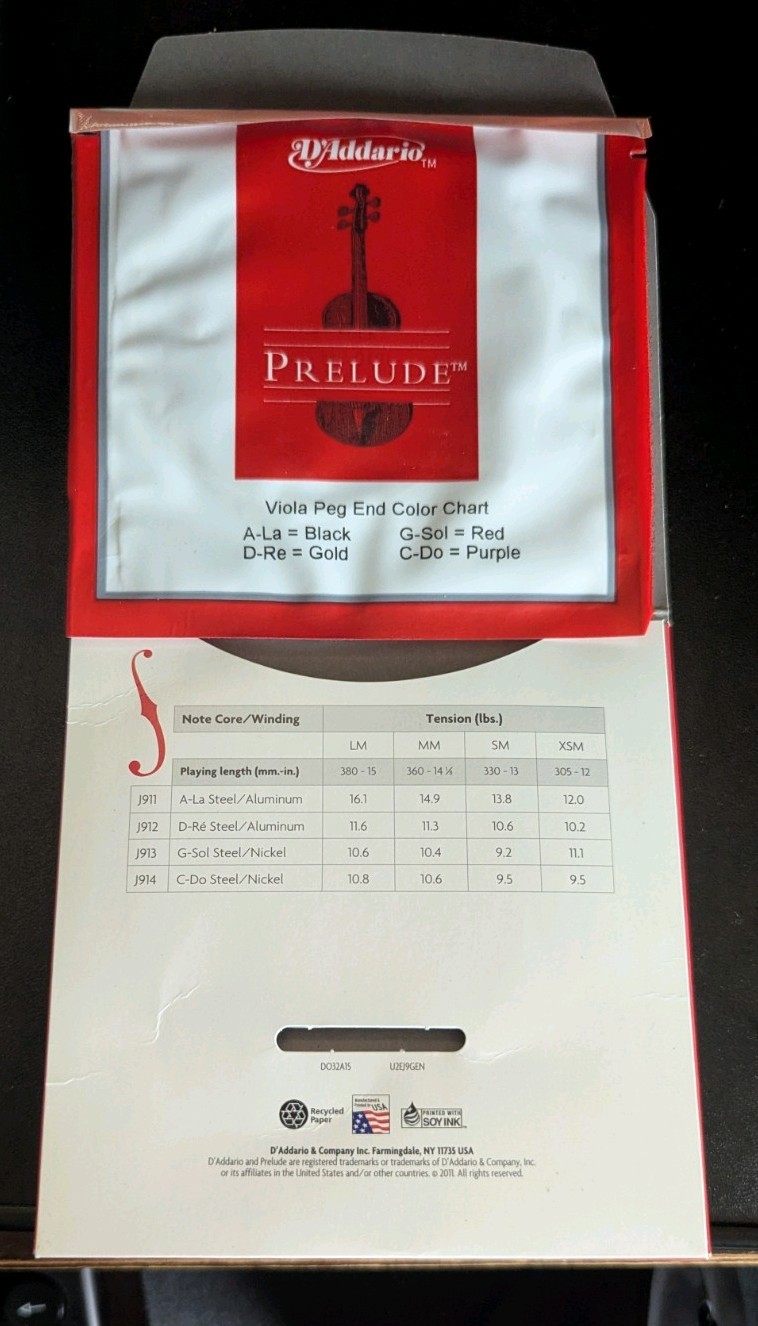 D’Addario Prelude Viola String Set – Short Scale – Medium Tension – J910