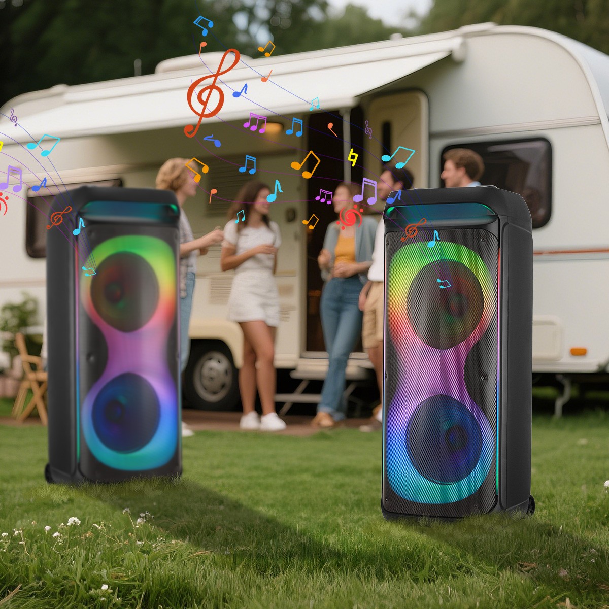Dual 10″ /12″ Woofer Bluetooth Party Speaker with Mics LED Lights TWS FM USB AUX