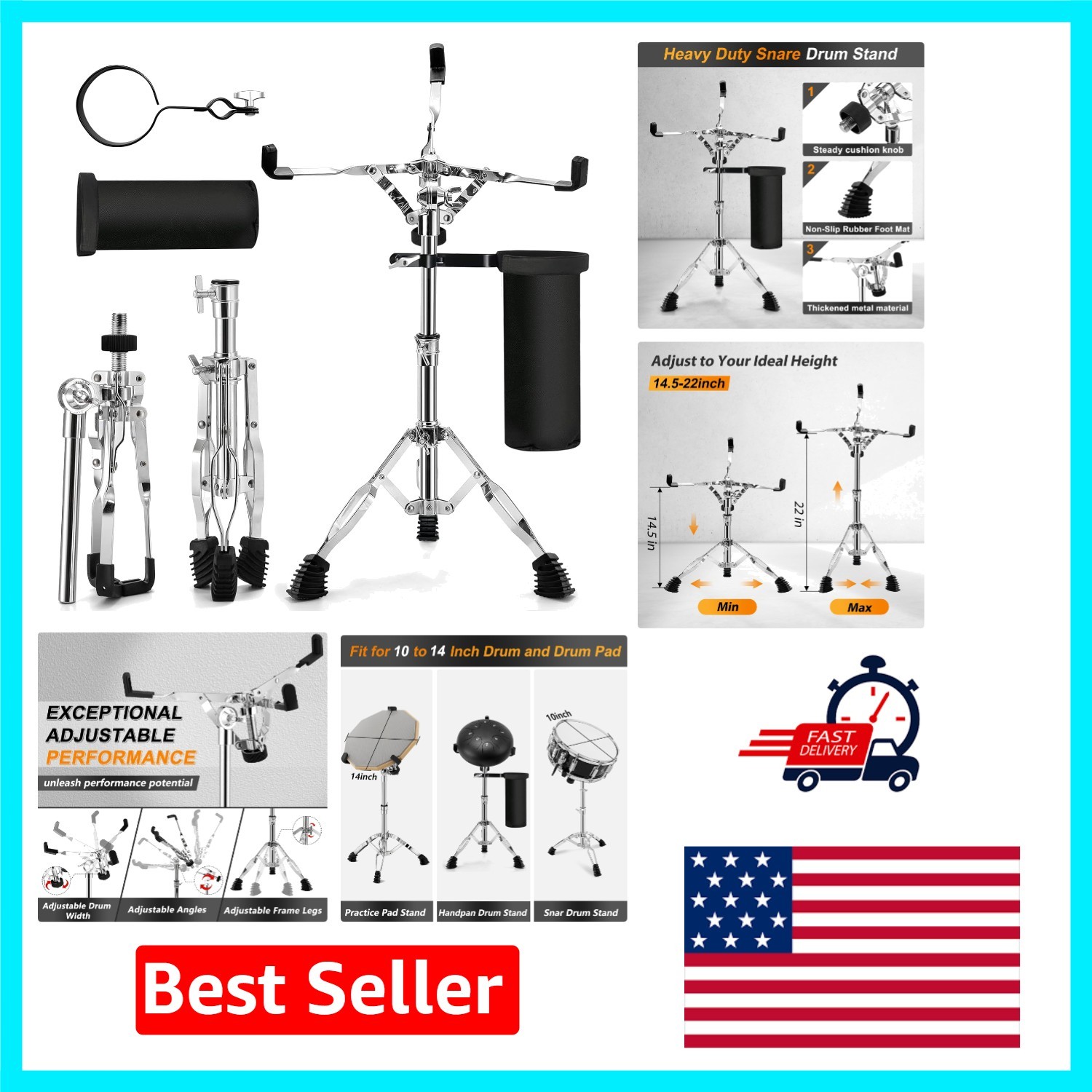 Tall Snare Drum Stand with Drum Sticks Holder – 14.5 to 22 Inches Adjustable
