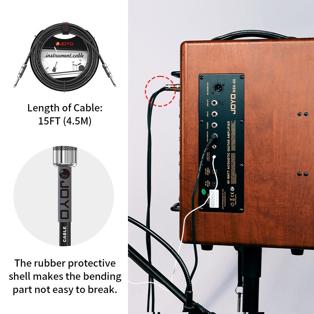 JOYO Electric Guitar Bass Cable Pedal AMP Cord 1/4 15ft Instrument Guitar Cable