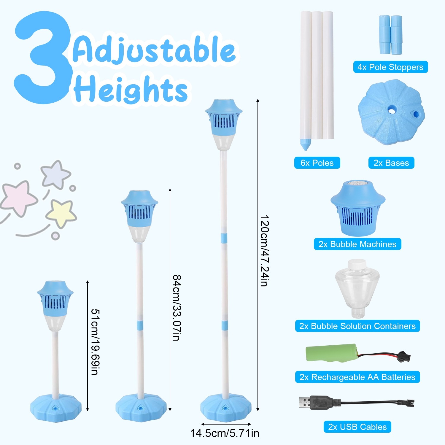 3In1 Standing Bubble Machines w/ Lights & Music Rechargeable Bubble Maker Stands