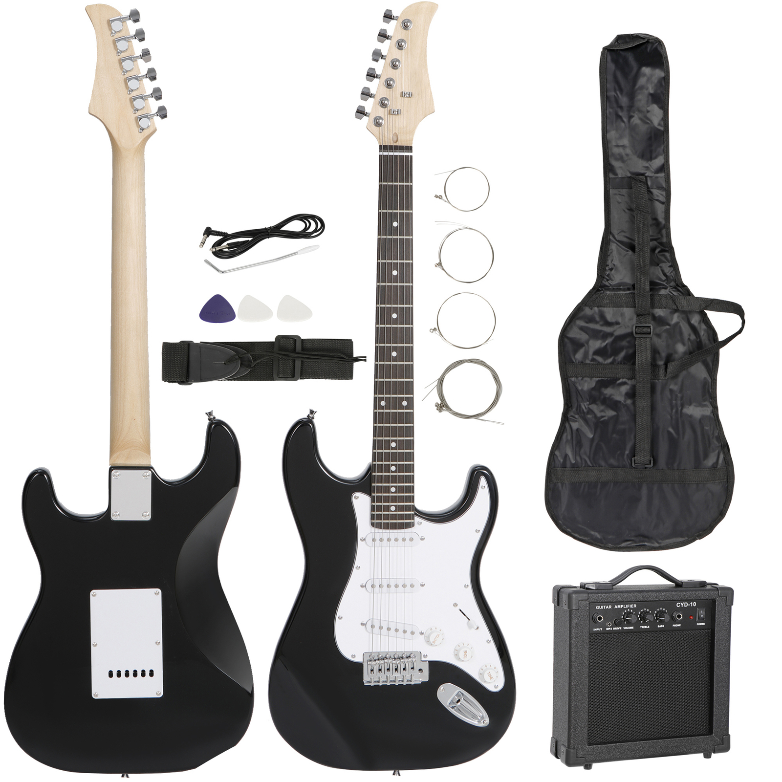 Full Size 39” Black Electric Guitar & Amp Case Accessories Beginner Starter