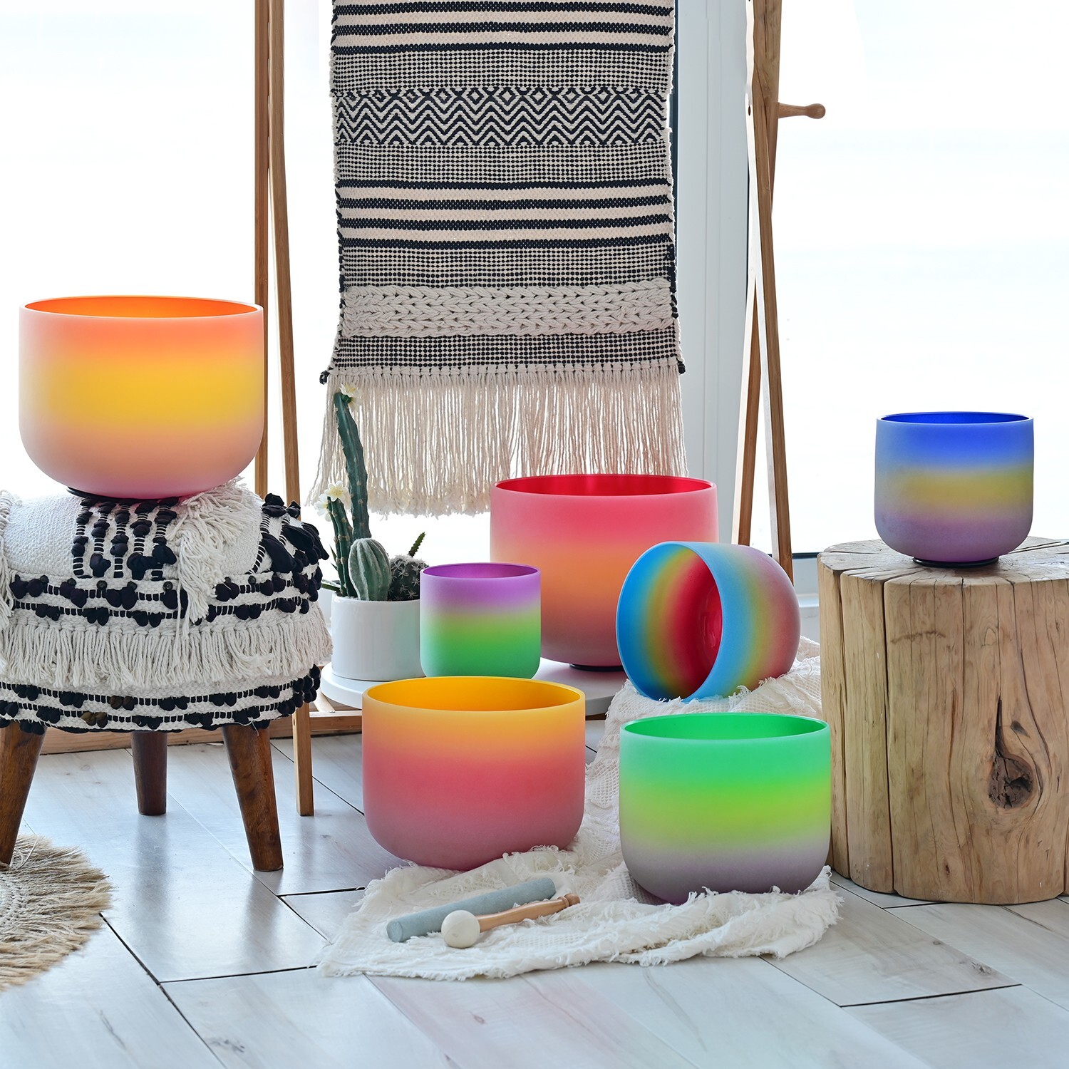 CVNC 432Hz 6″-12″ 7 Pcs Rainbow Colored Crystal Singing Bowls Chakra Set Case*2