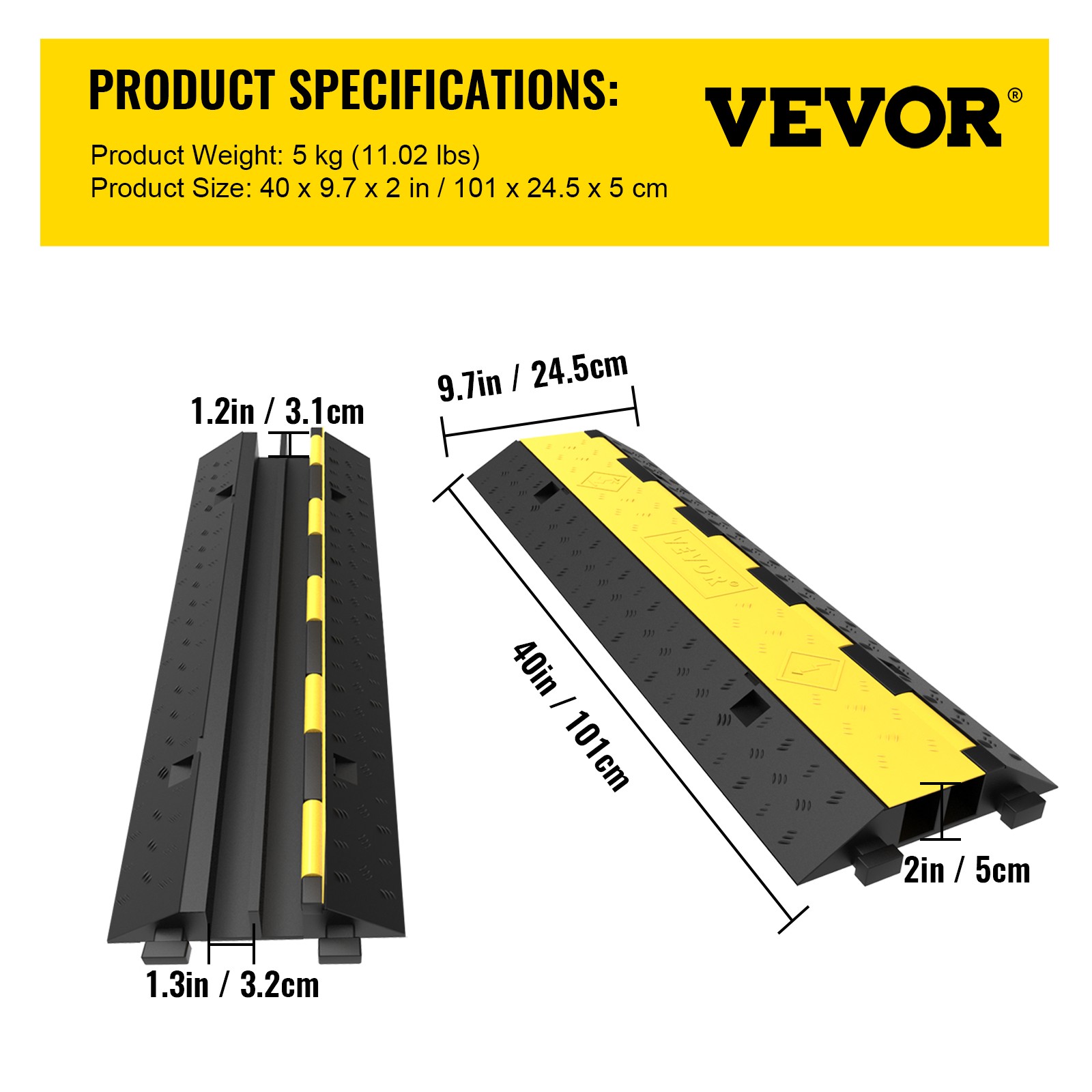 VEVOR Speed Bump Cable Protector Ramp 5PCS 2-Cable Rubber 40″x9.7″x2″ Cord Guard