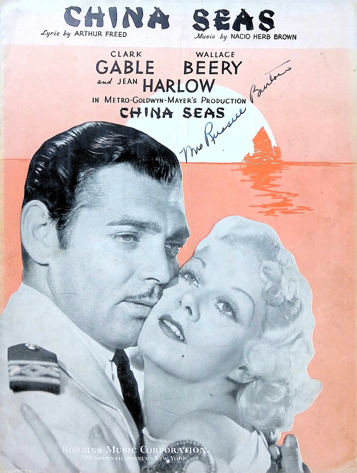 China Seas Sheet Music Clark Gable Jean Harlow 1935 Film Title Song Nacio Brown