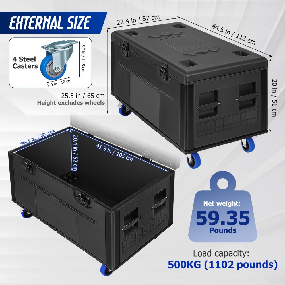 44″ Cable Trunk Road Case with Wheels, Stackable Heavy Duty ATA Rolling Case