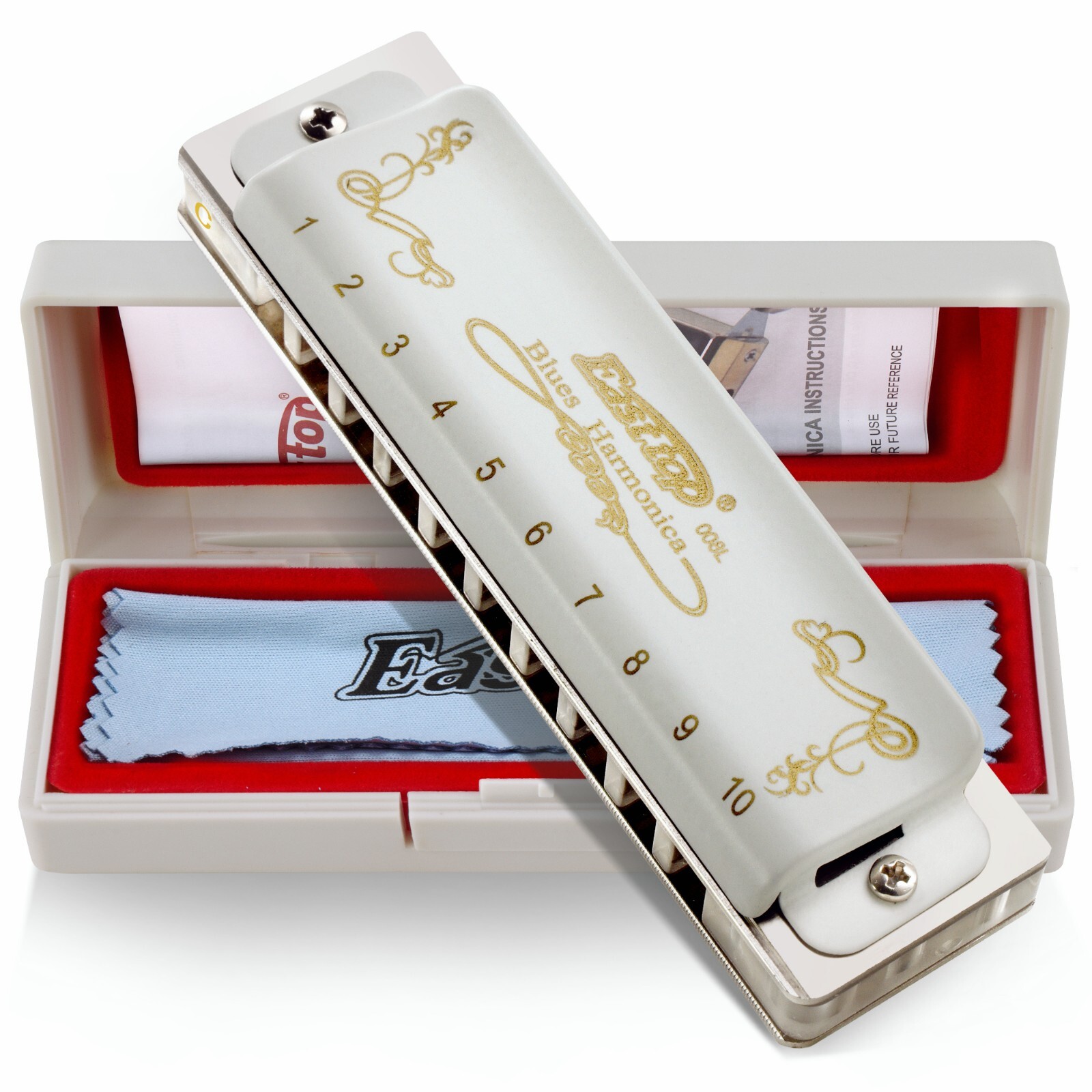 EASTTOP 10Holes Harmonica Diatonic Blues Harmonica Key of C with White Cover US