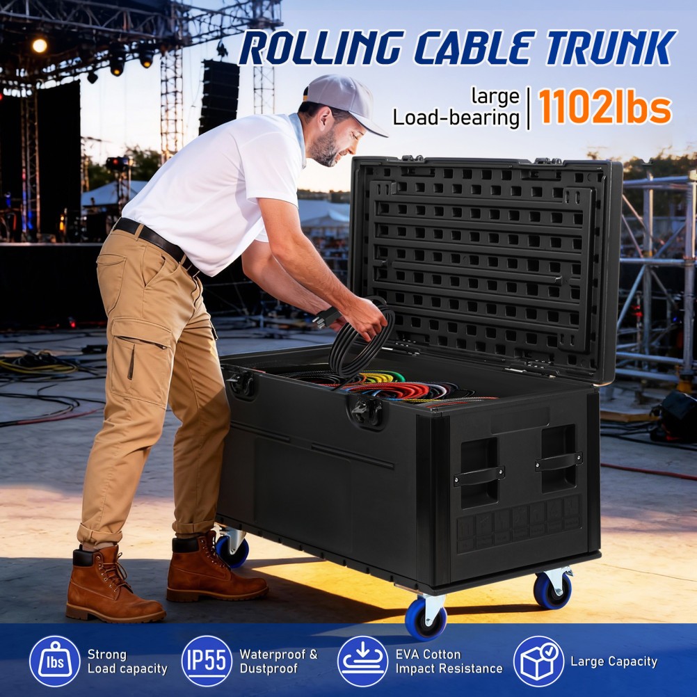 44″ Cable Trunk Road Case with Wheels, Stackable Heavy Duty ATA Rolling Case