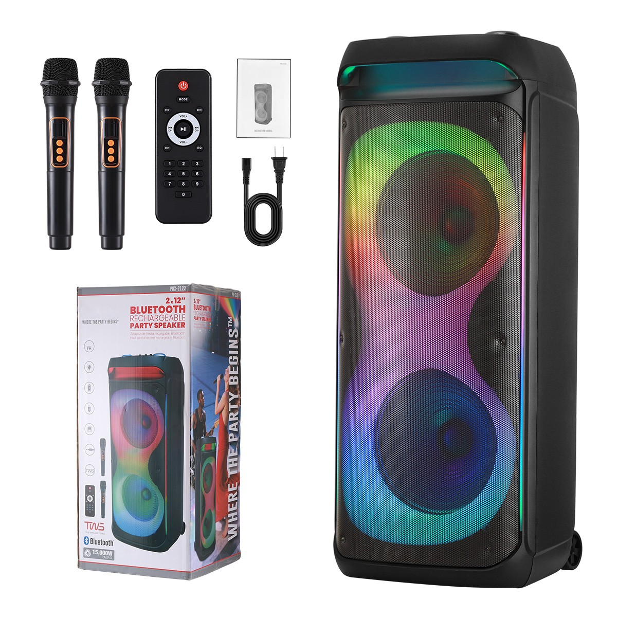 Dual 10″ /12″ Woofer Bluetooth Party Speaker with Mics LED Lights TWS FM USB AUX