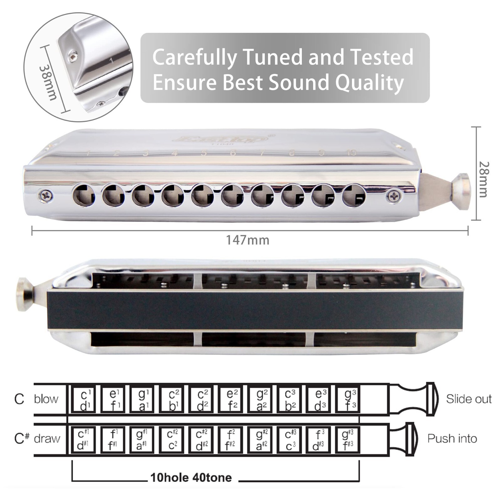 EASTTOP T10-40 Chromatic Harmonica Key of C 10hole 40Tone Mouth Organ Harmonica
