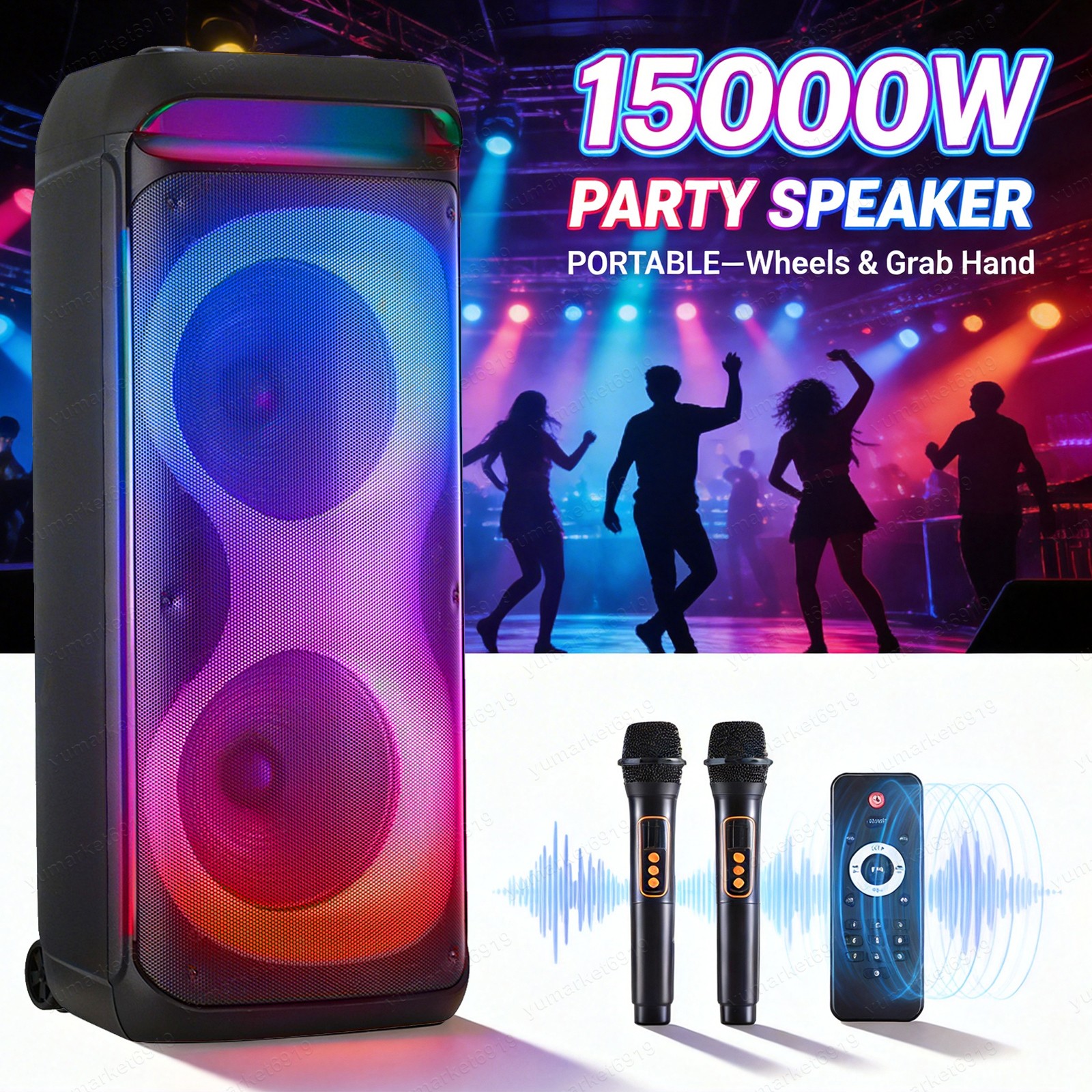 Dual 10″ /12″ Woofer Bluetooth Party Speaker with Mics LED Lights TWS FM USB AUX