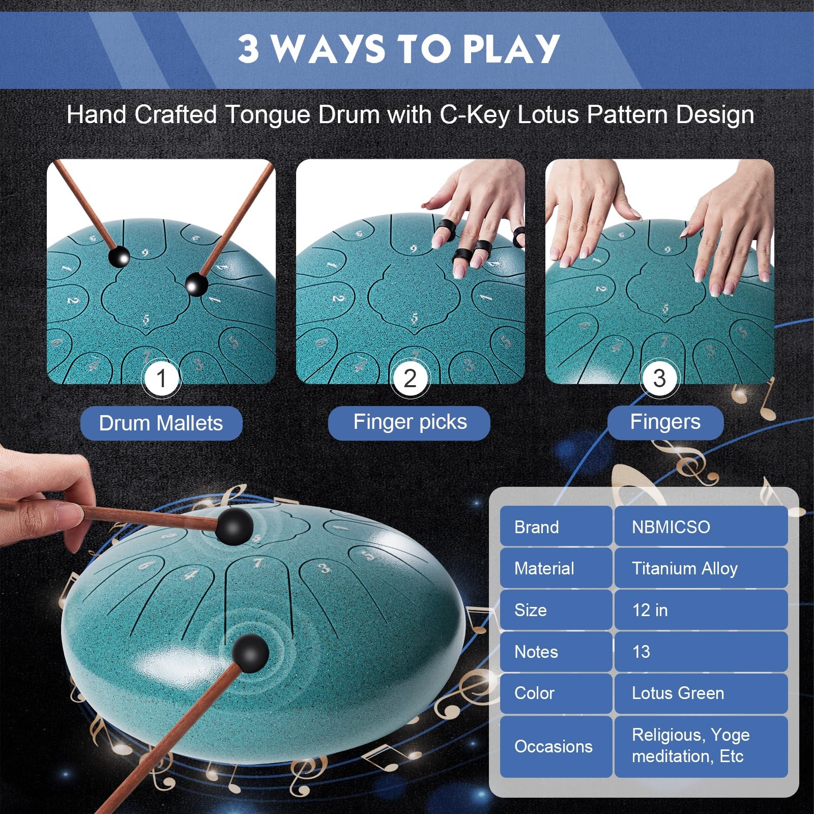 NBMICSO Steel Tongue Drum- 13 Note 12 Inches 13 12 Inches, Malachite