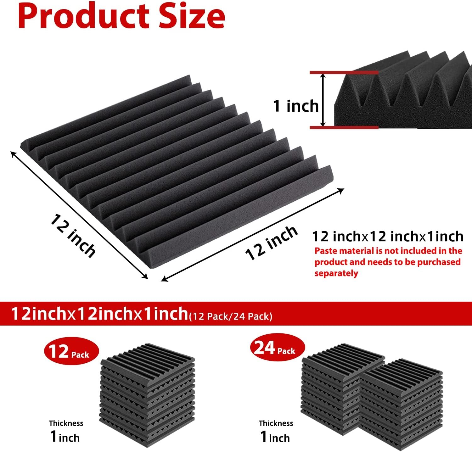 96PACK Acoustic Foam Panel Wedge Studio Soundproofing Sound Absorbing Wall Tiles