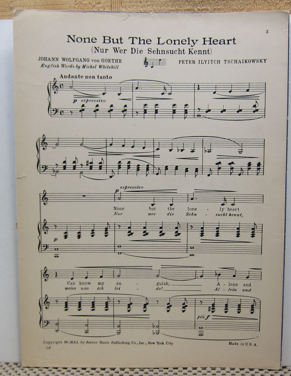 None But the Lonely Heart – Goethe & Tschsikowsky – Sheet Music 1940