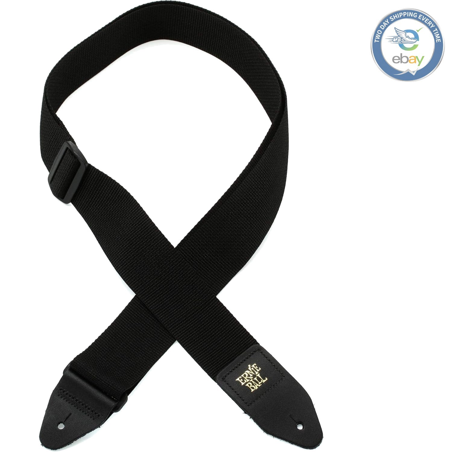 Durable 2″ Wide Polypropylene Guitar Strap with Leather Ends and Gold Logo