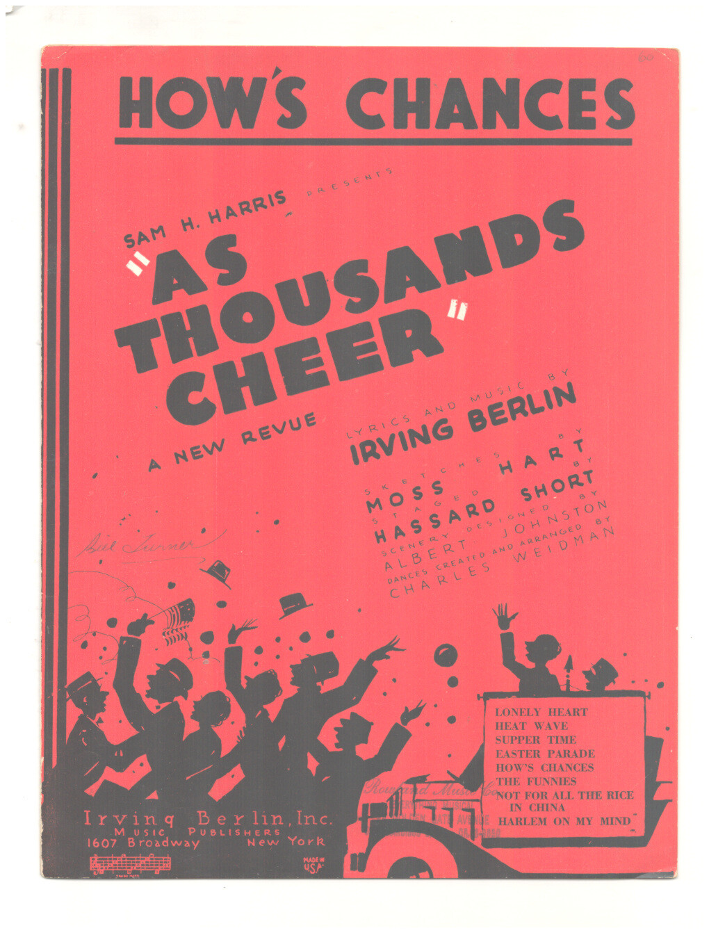 AS THOUSANDS CHEER Irving Berlin 1933 HOW’S CHANCES Underlined Show Sheet Music