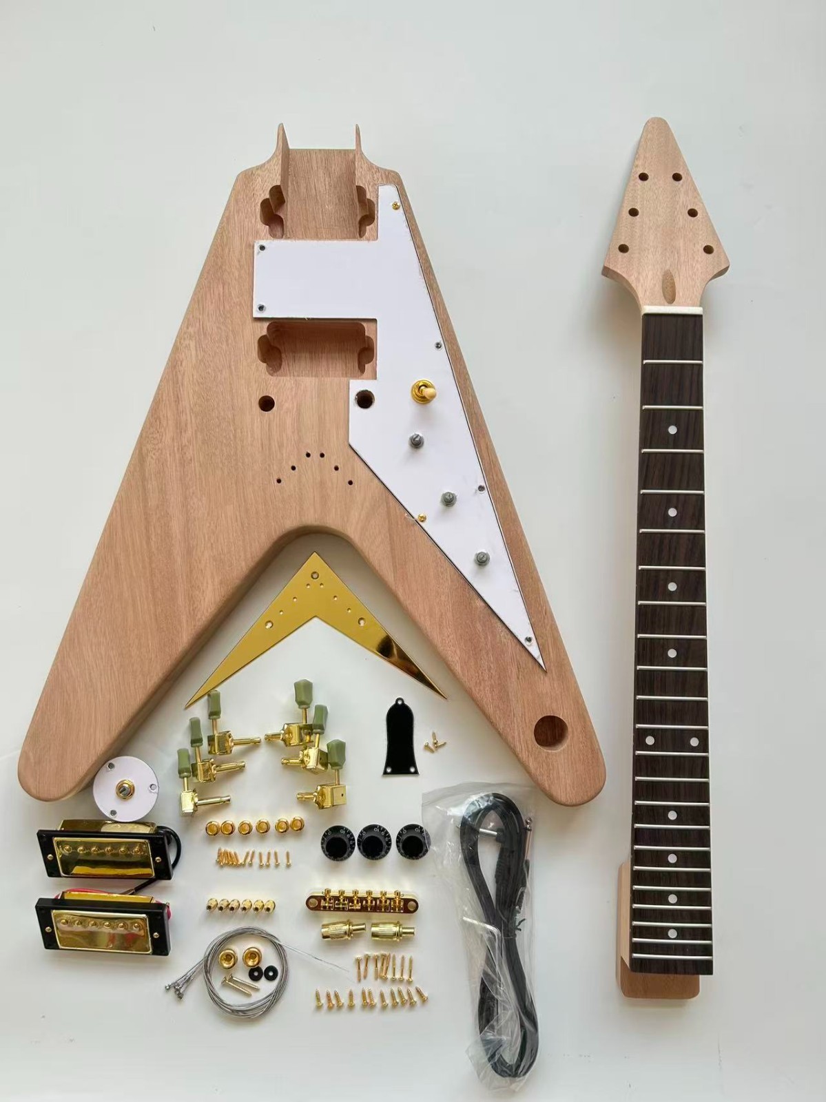 6 String DIY V Electric Guitar Kit Mahogany Body Rosewood Fretboard Golden Part