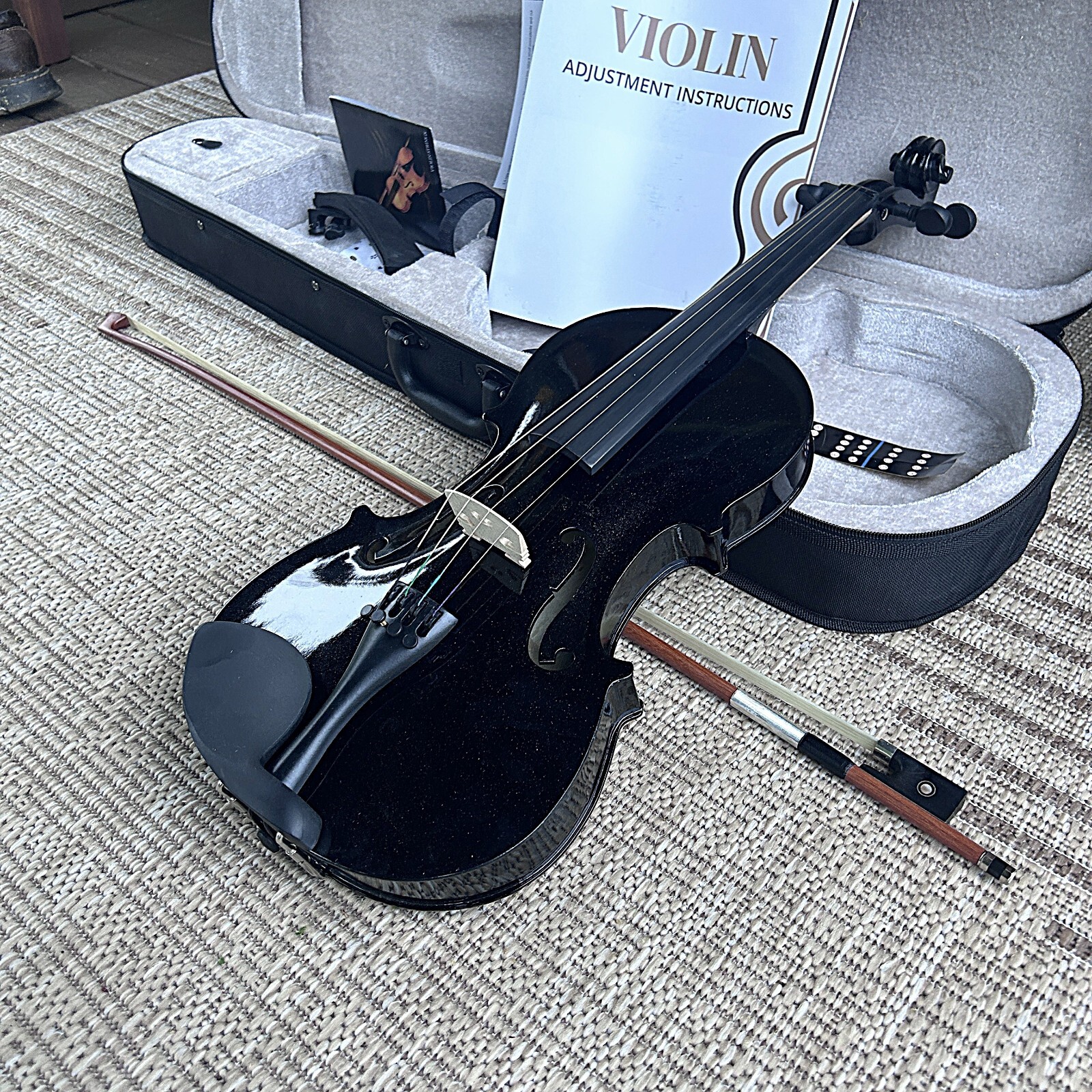 4/4 Full Size Black Violin with Case, Bow and Accessories, Bridge Comes Preset