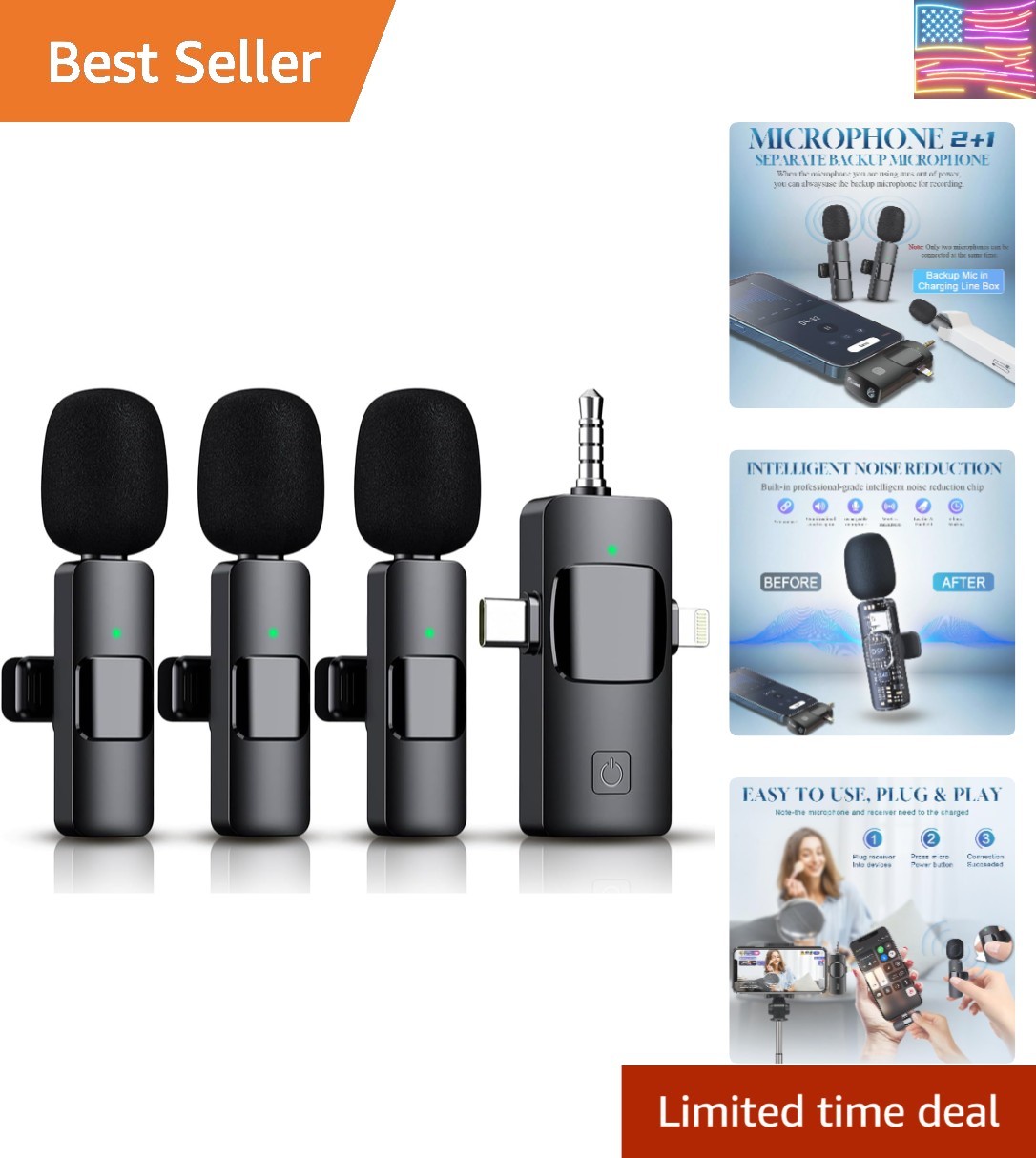 3 in 1 Wireless Lavalier Microphone for iPhone, iPad, Android, Camera,12-Hour…