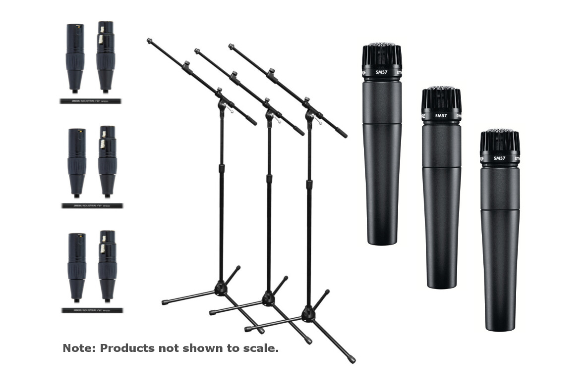 Shure SM57LC-TRIO-K Microphone Bundle 3-SM57LC, Boom Stands, and 25′ XLR Cables