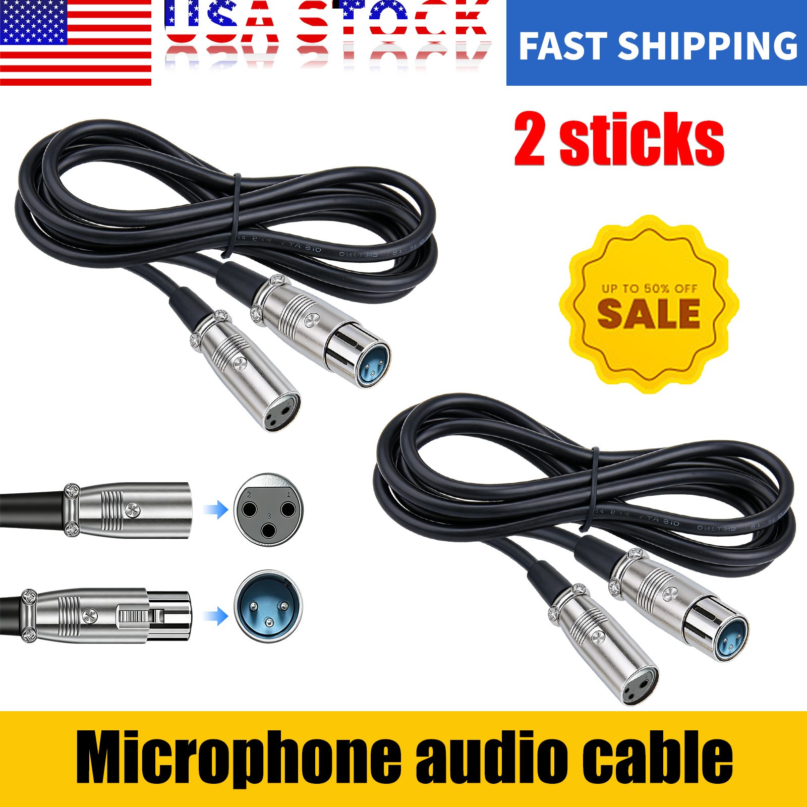 2Pack 10ft shielded 3-pin XLR microphone extension cables (male to female)