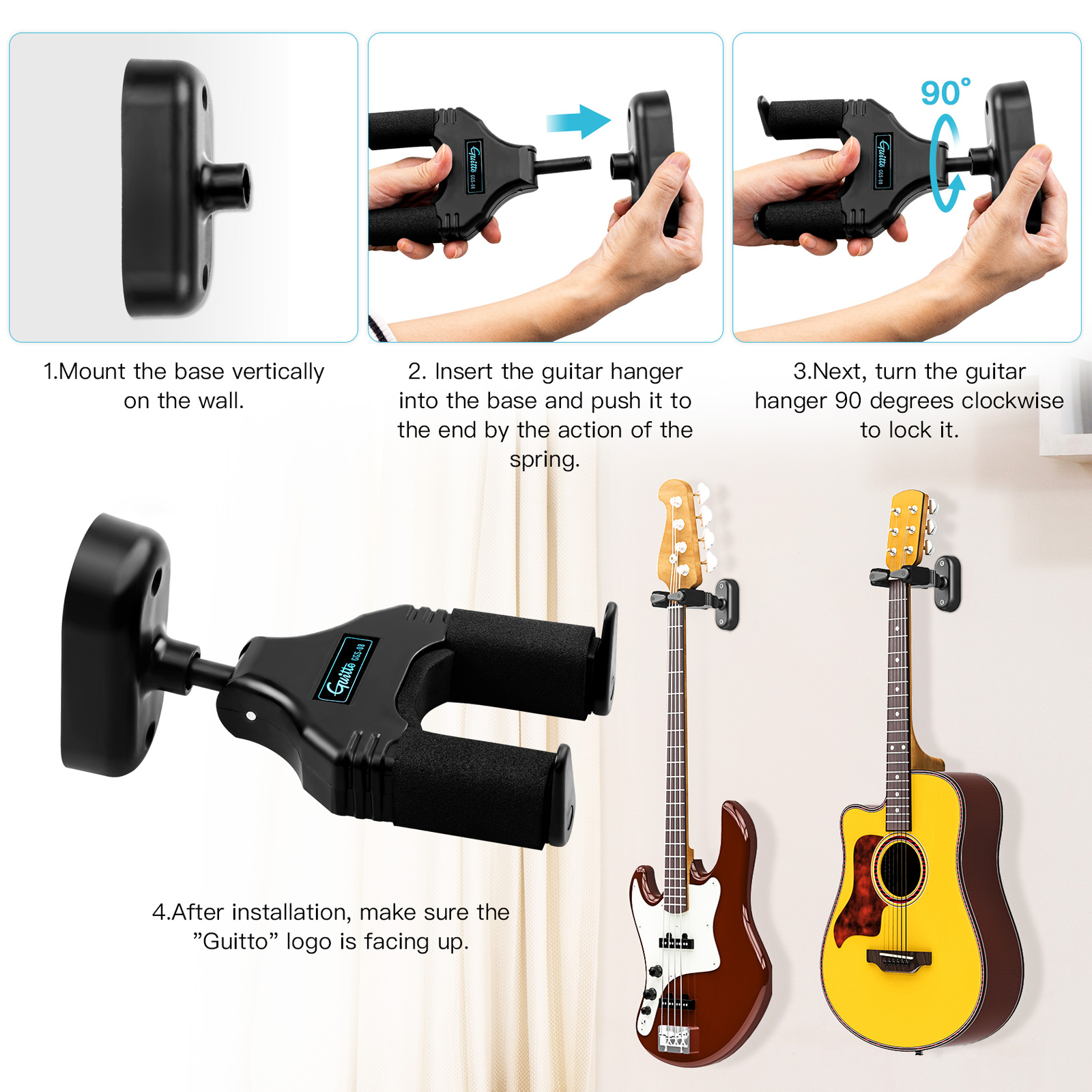 GUITTO Guitar Holder Wall Mount Hanger Hook for All Types with Screw（OPEND）
