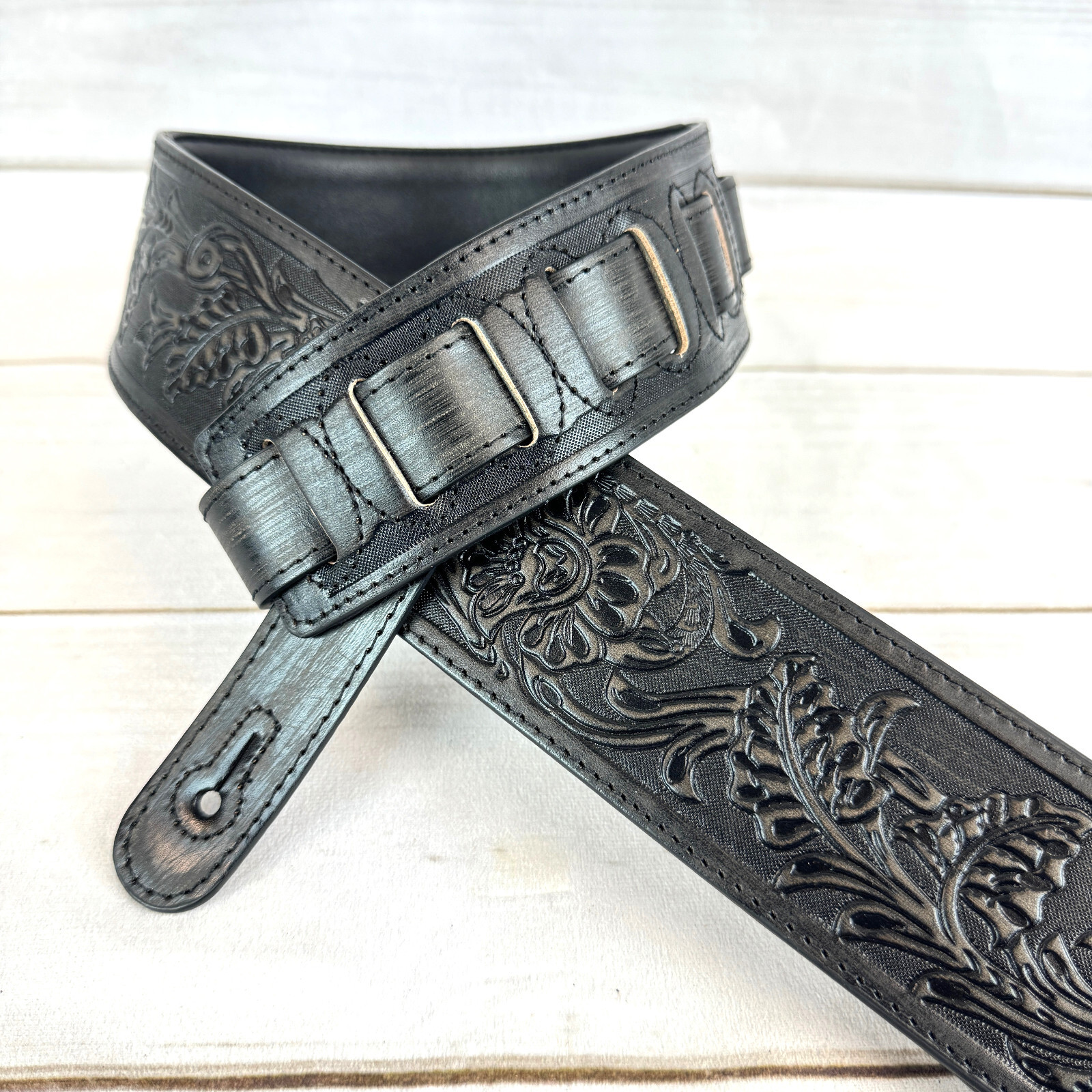 Walker & Williams LIF-02 “Weathered” Black Leather Padded Strap with Tooling