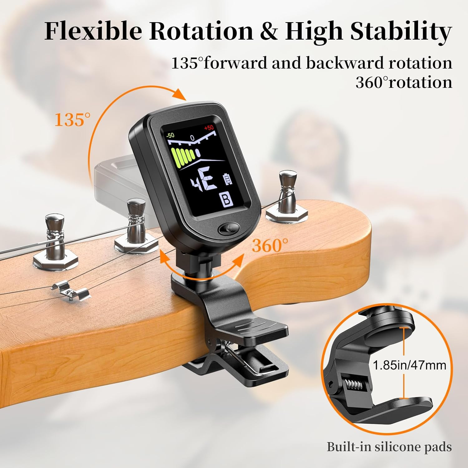 Clip-On Guitar Tuner Rechargeable with Color Screen 360° Rotatable Chromatic Tun
