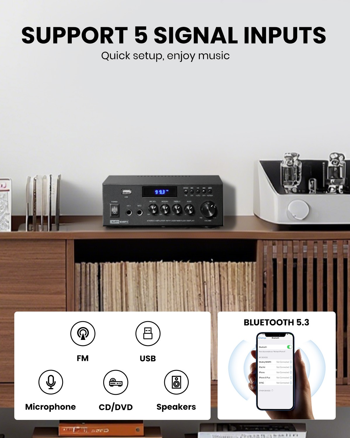 Moukey 2.0 Channel Home Audio Amplifier 300W Bluetooth 5.3 Stereo Receiver MAMP3