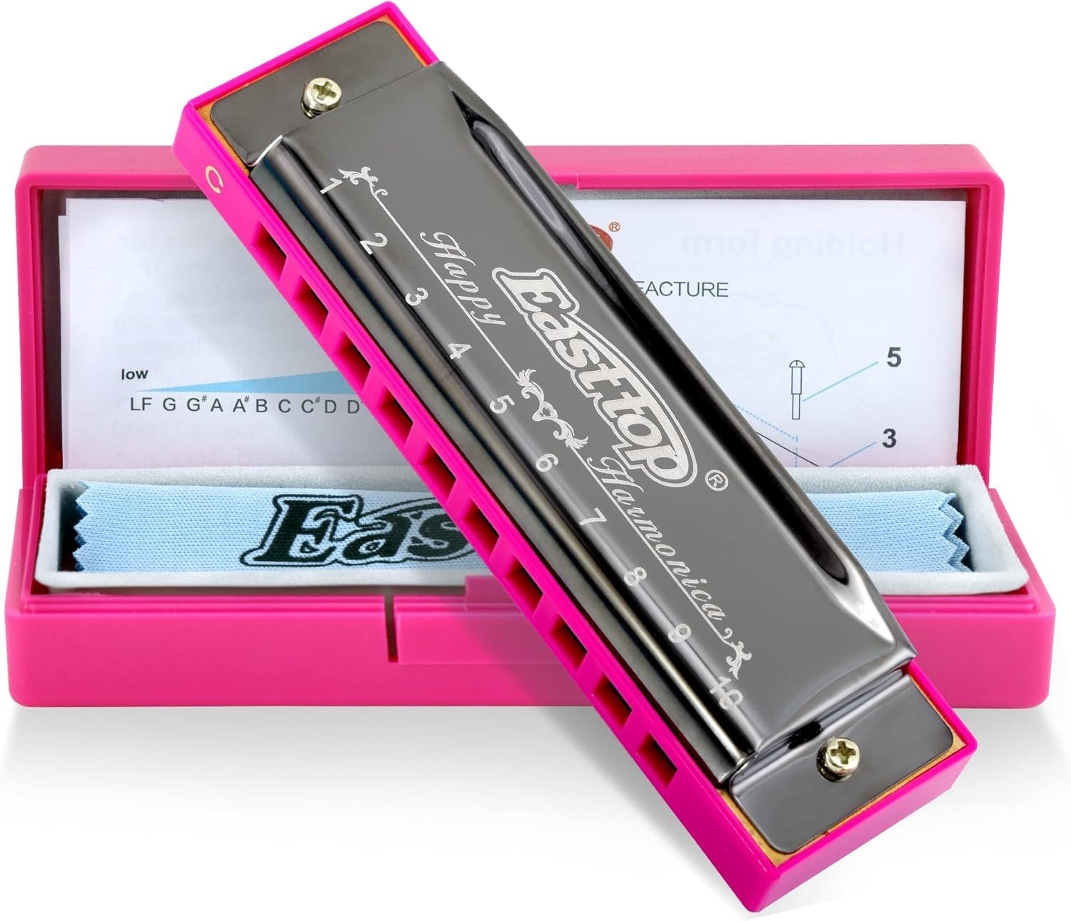 Exquisite Pink-Grey Harmonica Set – Includes Case, Cloth & Manual for Beginners