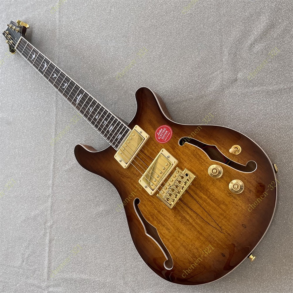 Semi-Hollow Electric Guitar Spalted Maple Top Bird Inlay Bone Nut Tobacco Burst