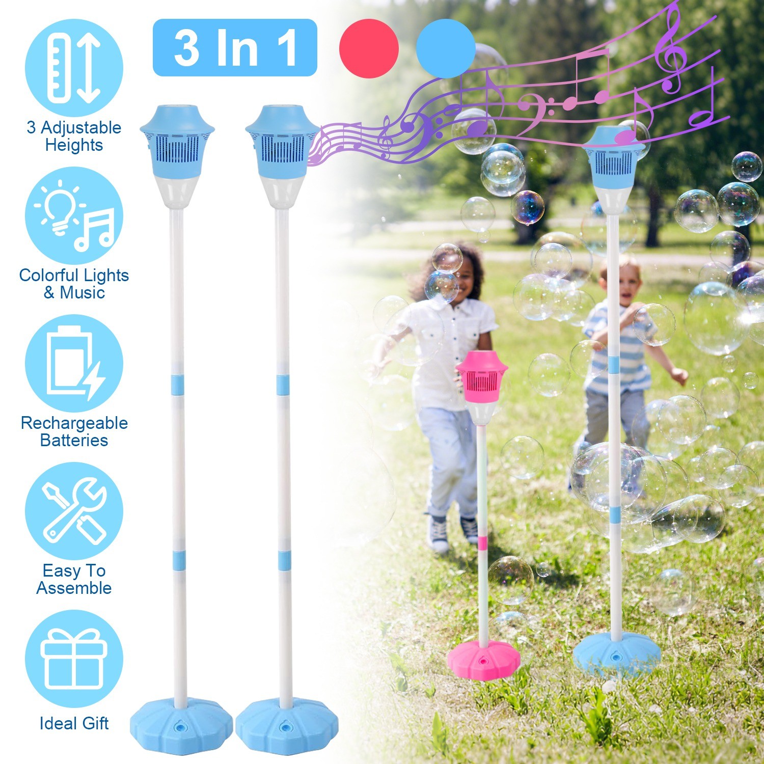 3In1 Standing Bubble Machines w/ Lights & Music Rechargeable Bubble Maker Stands